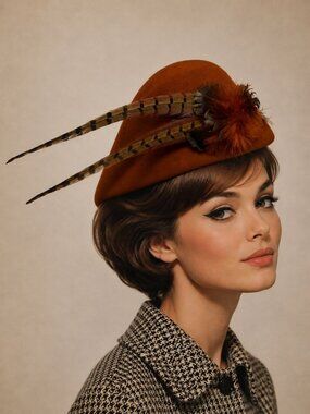 Don Kline Vintage Orange Wool Hat Pheasant Feather Embellishment Elegant Fascina